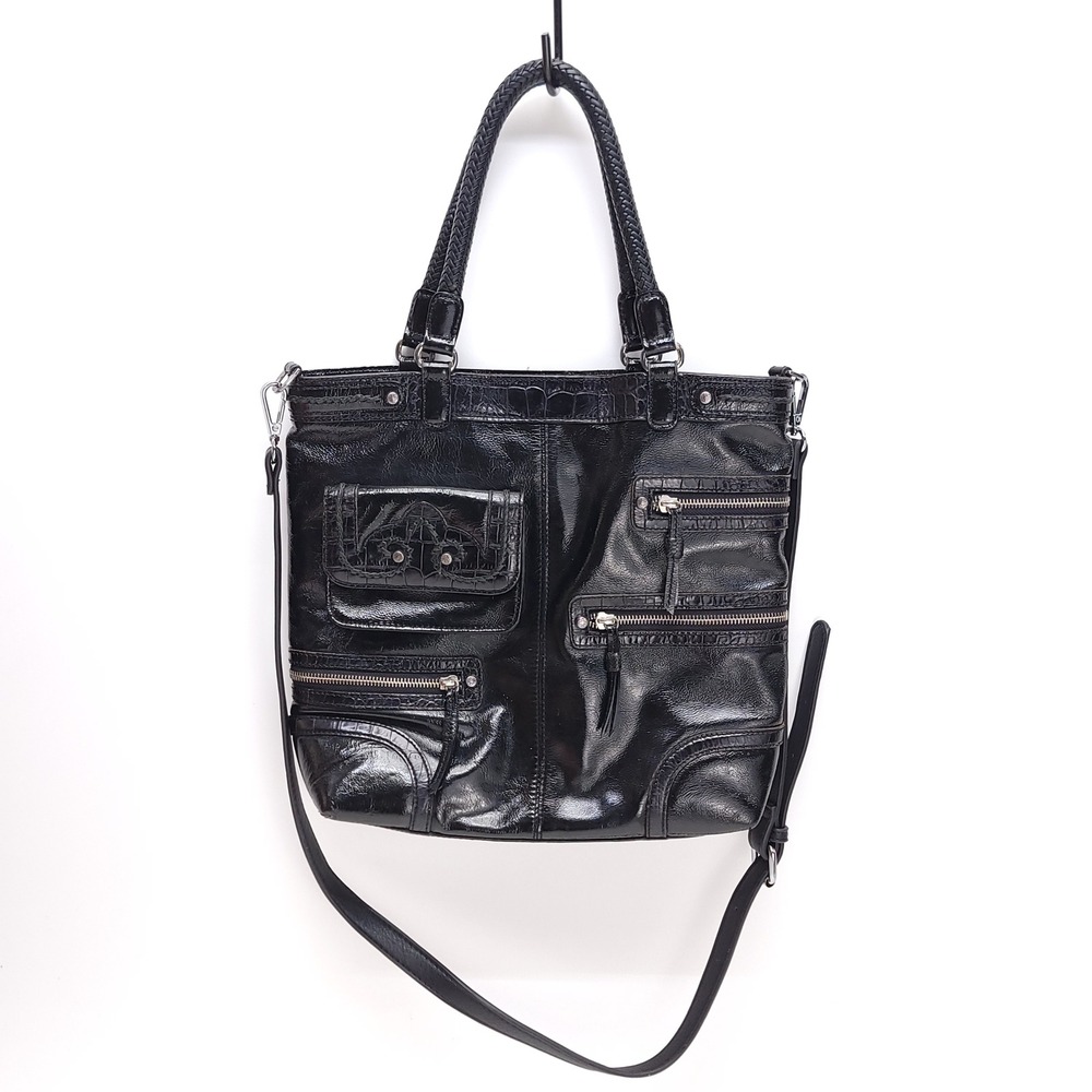 Brighton Kaelan Black Gloss Leather Multi Pocket Tote Crossbody Bag D492635
